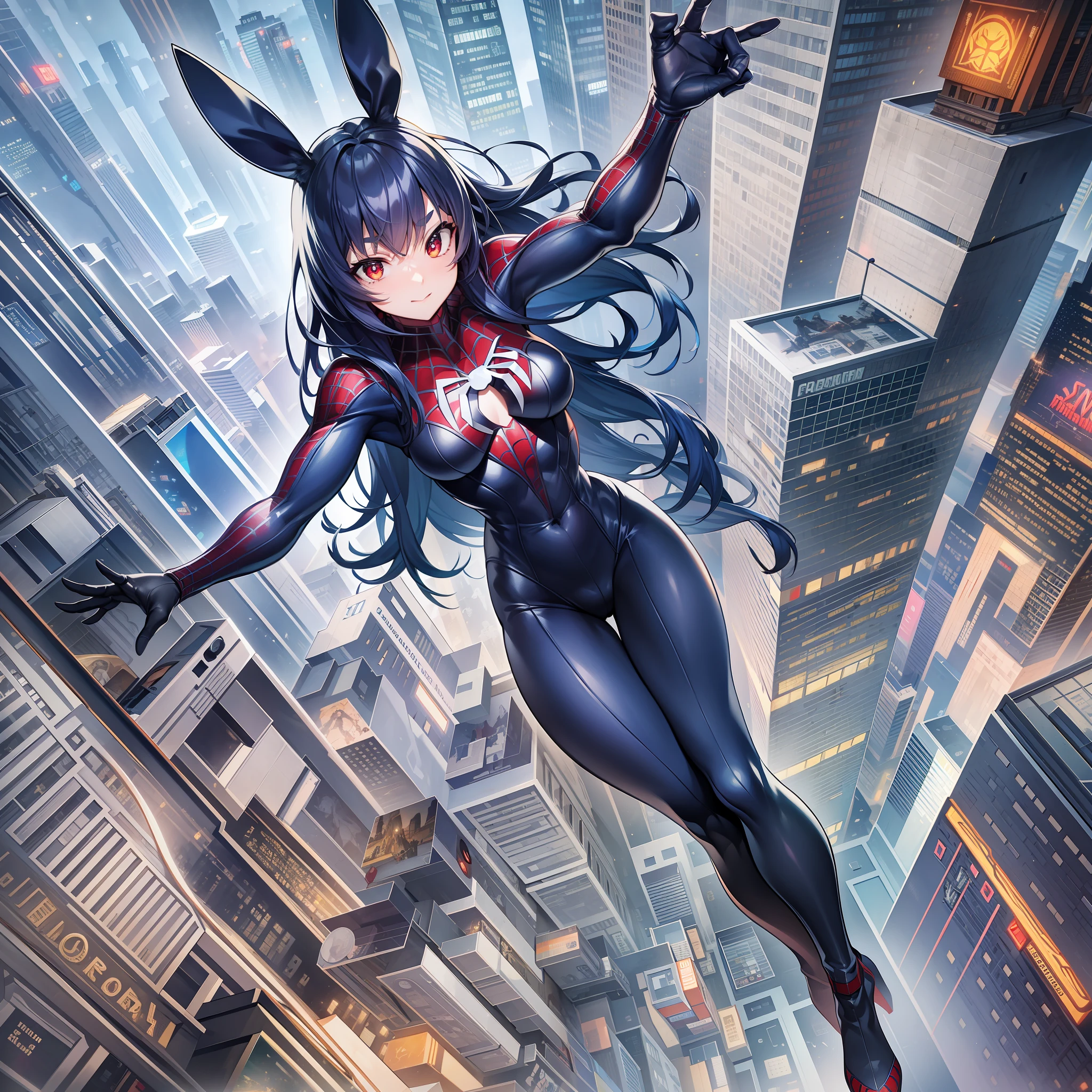 Full body portrait, spider-man cosplay, swinging through buildings in a spider's web, sprawling metropolis in futuristic dystopia, rabbit-shaped pupils, masterpiece, best quality, CG, wallpaper, HDR, high quality, high-definition, extremely detailed, 1girl,