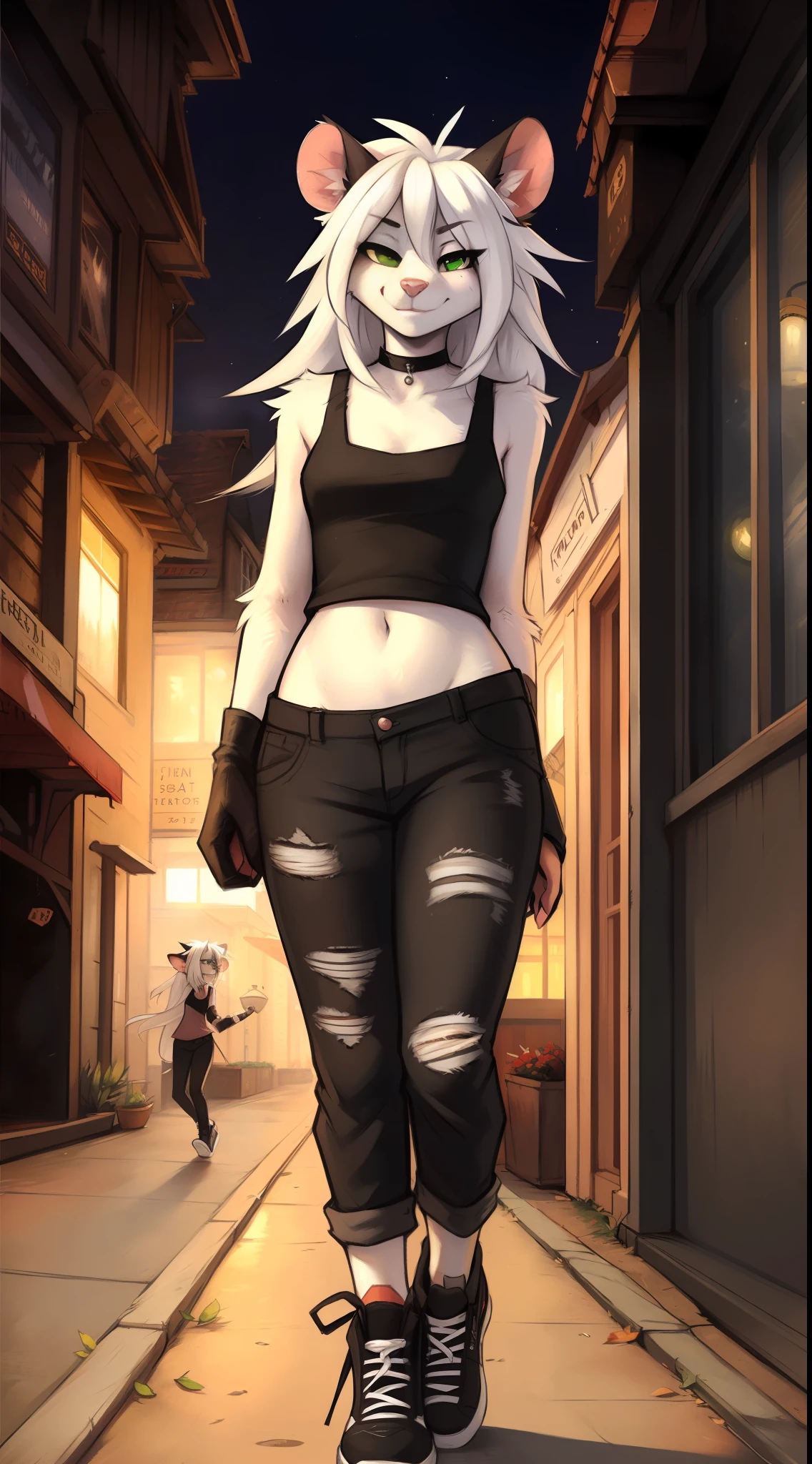 (best quality: 0.8), (best quality: 0.8), perfect anime illustration, portrait of a pretty woman walking around town, possum girl, torn black tank top, black long pants, black sneakers, green eyes, white body, black and white hair, long hair, detailed fur, detailed body, detailed lighting, beautiful, by fluff-kevlar, by Zackary911, by Kenket, by Kilinah, by fluff-kevlar, Fishnet gloves, black choker, full body