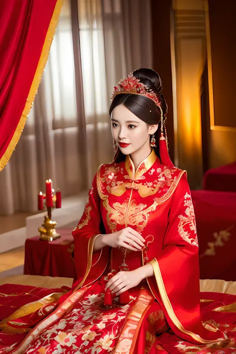 (best quality:1.1) ,(photorealistic:1.1), (photography:1.1), (highly detailed:1.1), a woman in a red and gold dress with a tiara...