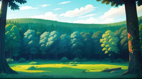 Natural landscape painting style, verdant woods, green meadows, gentle clouds, blue sky,