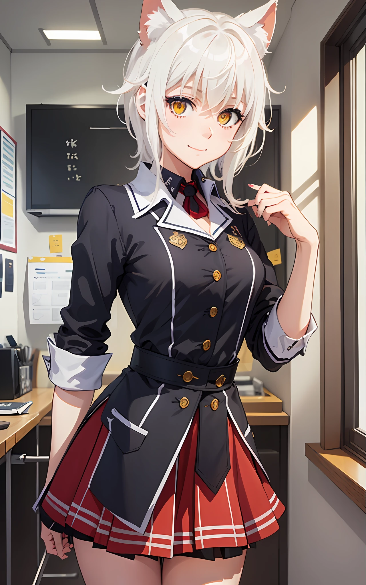 Best Quality, (Masterpiece:1.2), High Detailed, Standing, School, Indoor, Cat Ears, 1girl, solo, tojo koneko, looking at the viewer, closed mouth, light smile, top, yellow eyes, white hair, short hair, hair decoration, , striped shirt, unbuttoned shirt, red skirt, black neck band, erotica
