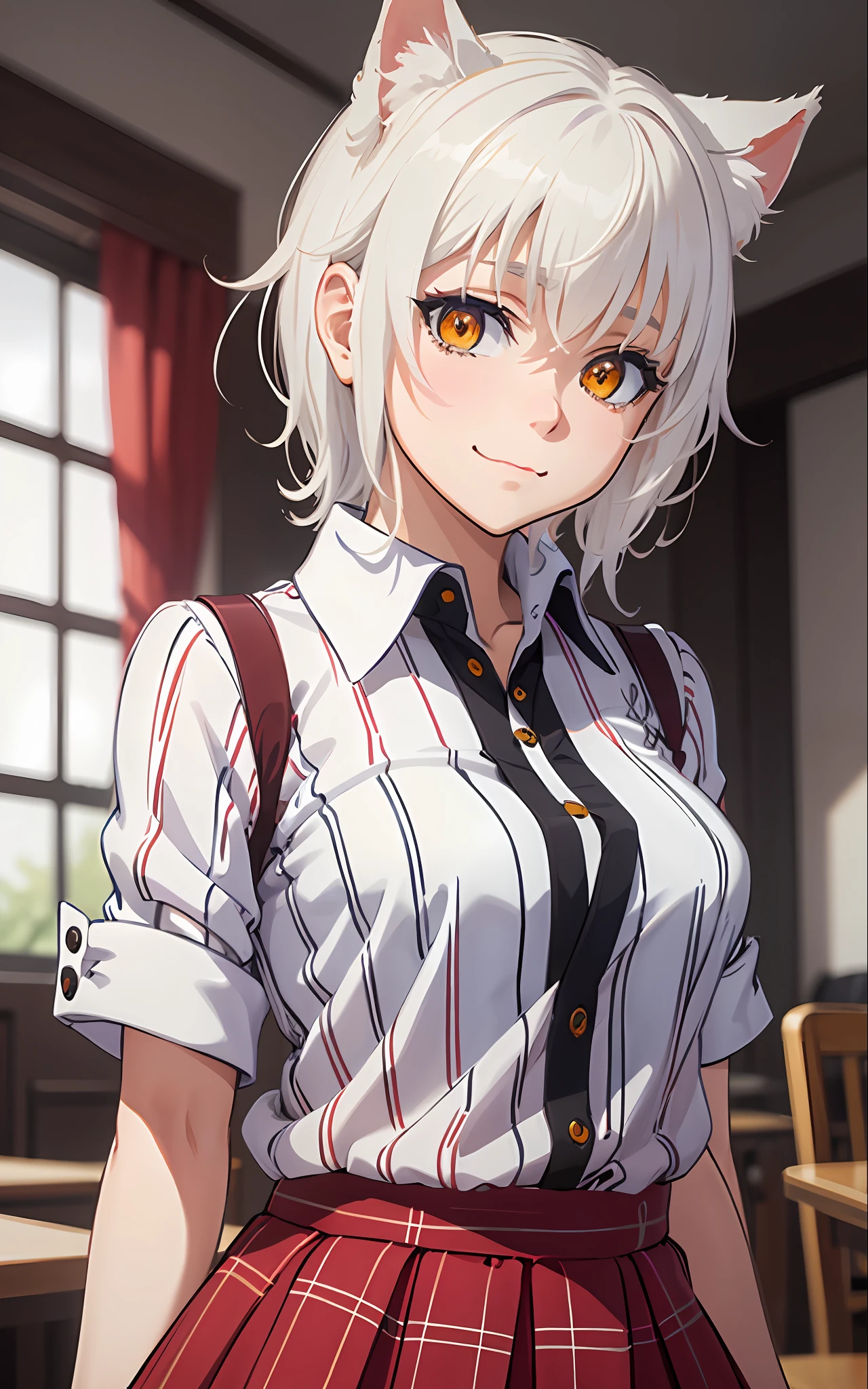 Best Quality, (Masterpiece:1.2), High Detailed, Standing, School, Indoor, Cat Ears, 1girl, solo, tojo koneko, looking at the viewer, closed mouth, light smile, top, yellow eyes, white hair, short hair, hair decoration, school uniform, striped shirt, unbuttoned shirt, red skirt, black neck band, erotica