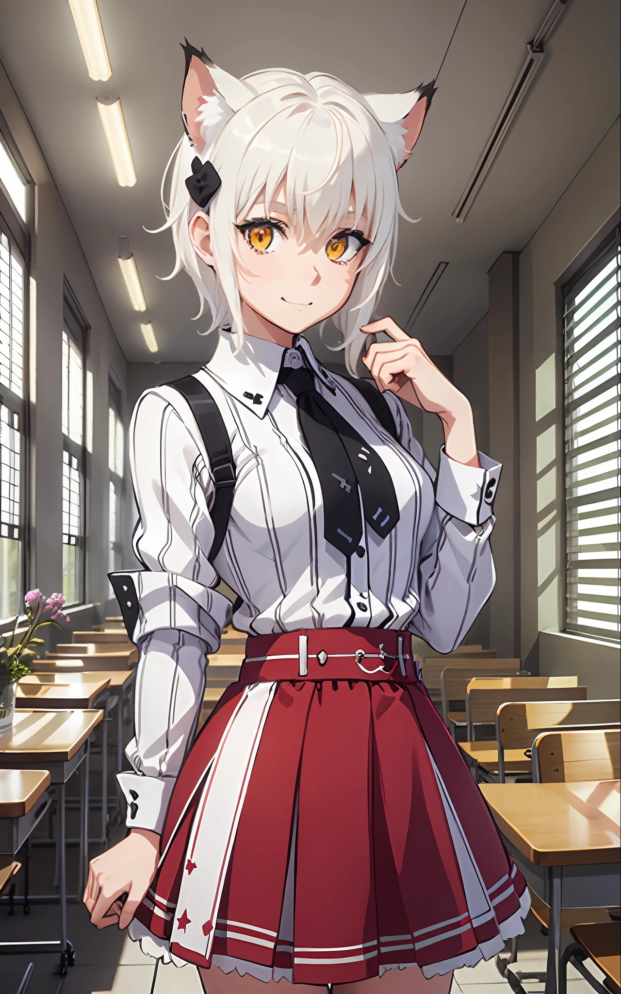 Best Quality, (Masterpiece:1.2), High Detailed, Standing, School, Indoor, Cat Ears, 1girl, solo, tojo koneko, looking at the viewer, closed mouth, light smile, top, yellow eyes, white hair, short hair, hair decoration, school uniform, striped shirt, unbuttoned shirt, red skirt, black neck band, erotica