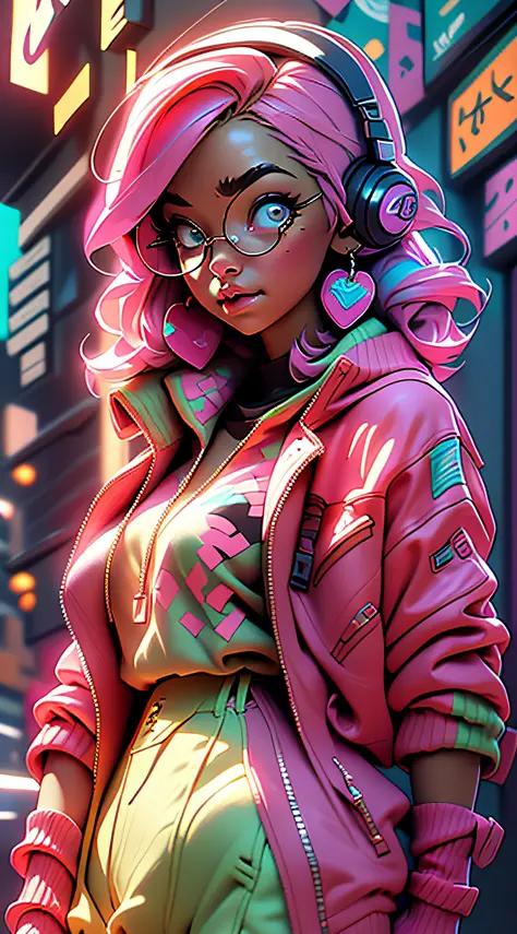 ((Best quality)), ((masterpiece)), ((realistic)) and ultra-detailed photography of a 1nerdy girl with neon headphones. She has (...