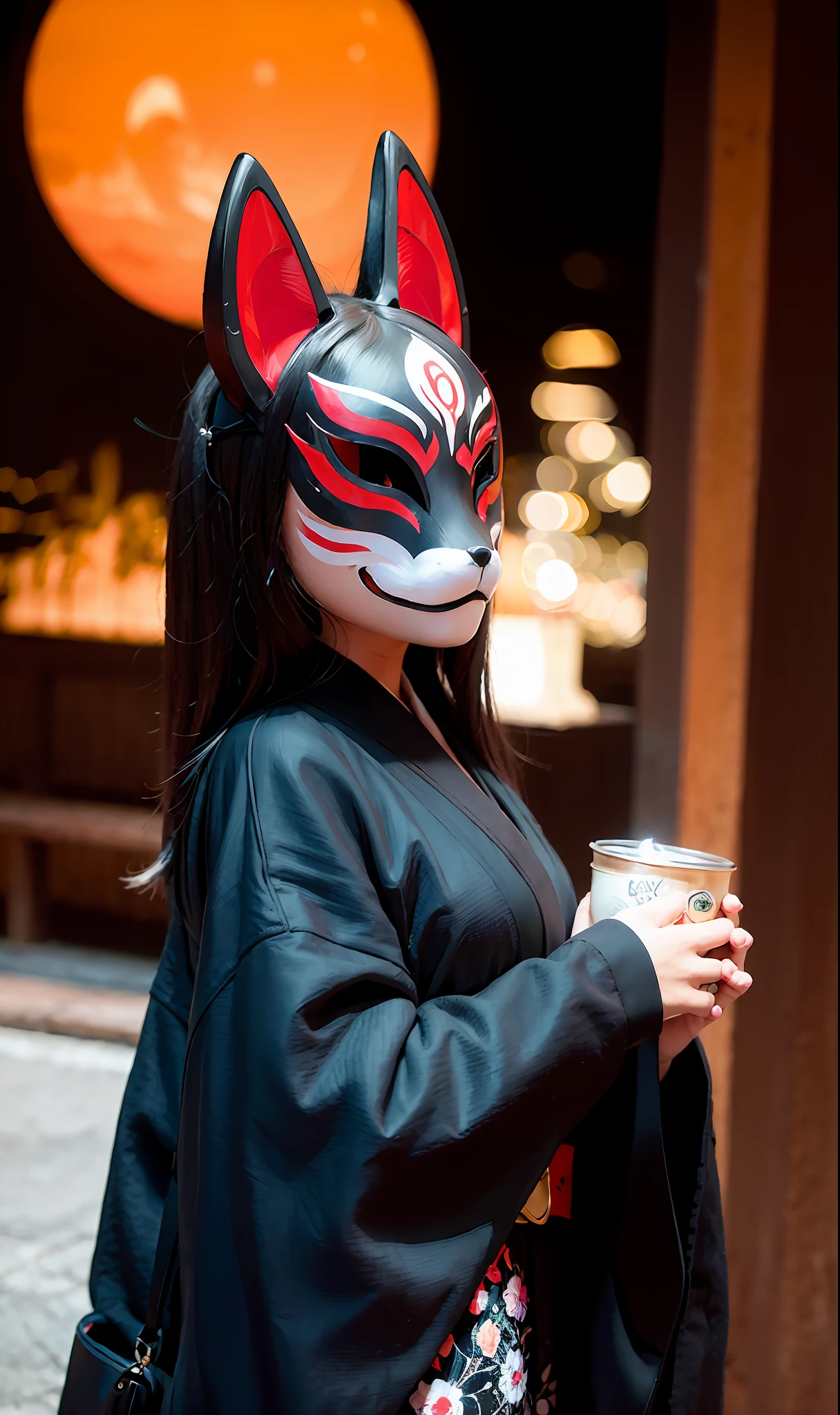 fire, fire, fox mask person wearing fox mask on face, woman, jet black, long coat, shorts, red full moon, moonlit night, Japan castle