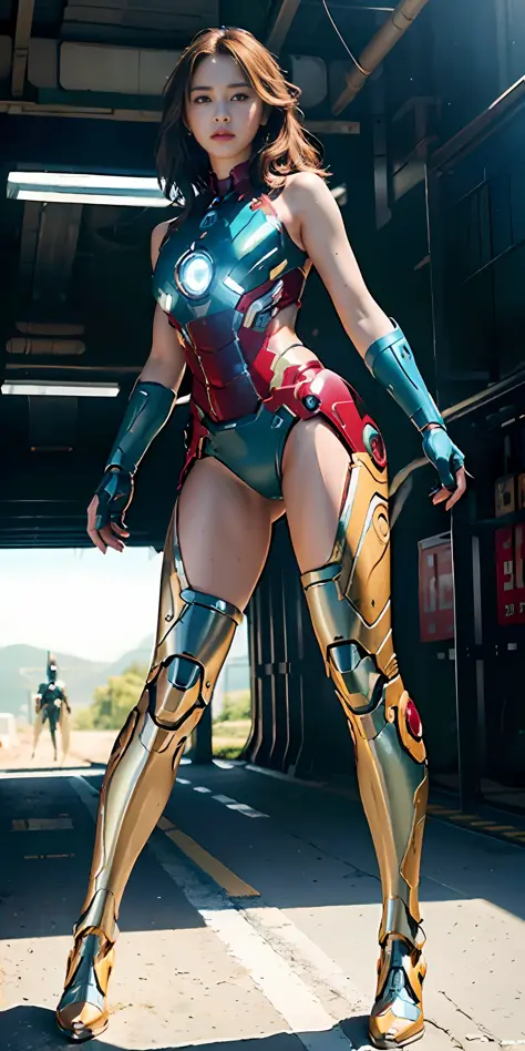 RAW, masterpiece, ultra fine photo,, best quality, ultra high definition, photorealistic, sunlight, full body portrait, stunningly beautiful, combat pose, delicate face, brilliant eyes, (front view,full body), she wears futuristic iron man mech, blue and y...