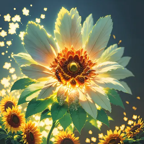 sunflower, super transparent, holy light, beautiful spectrum light, bright petals, sparkling, transparent light droplets, reflec...