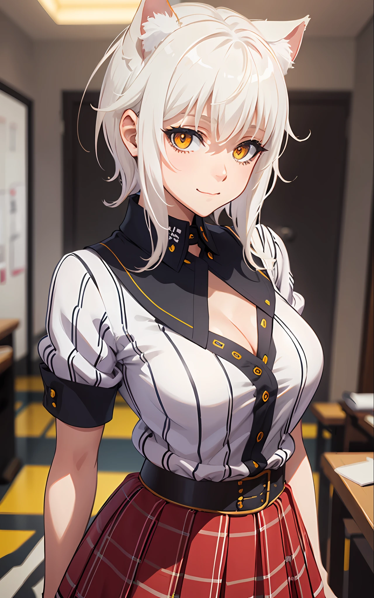 Best Quality, (Masterpiece:1.2), High Detailed, Standing, School, Indoor, Cat Ears, 1girl, solo, tojo koneko, looking at the viewer, closed mouth, light smile, top, yellow eyes, white hair, short hair, hair decoration, , cleavage, striped shirt, unbuttoned shirt, red skirt, black neckband, erotica