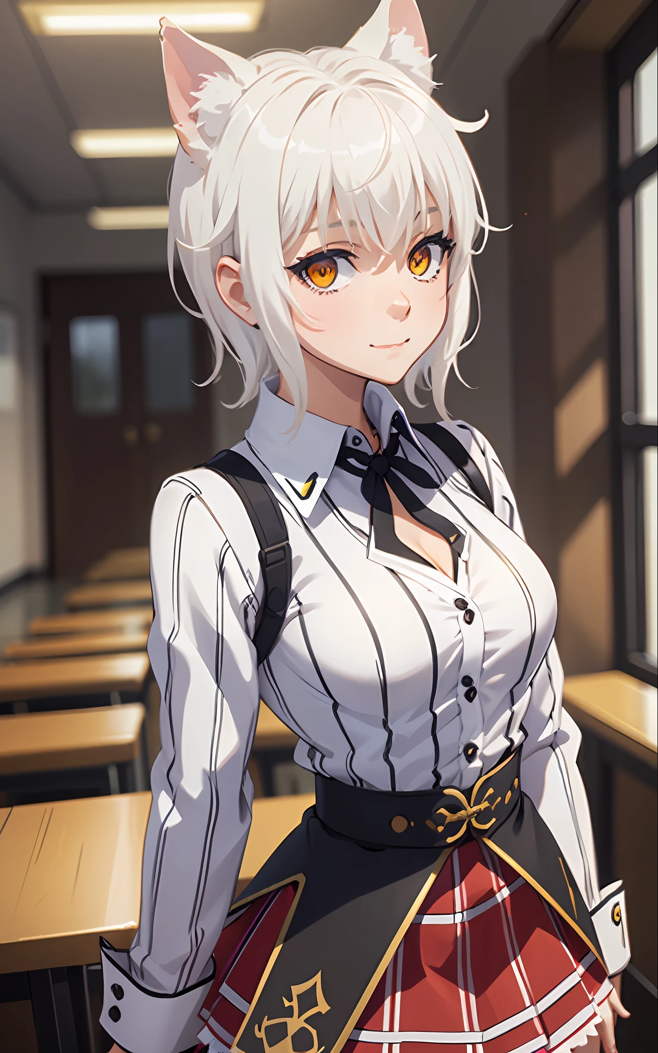 Best Quality, (Masterpiece:1.2), High Detailed, Standing, School, Indoor, Cat Ears, 1girl, solo, tojo koneko, looking at the viewer, closed mouth, light smile, top, yellow eyes, white hair, short hair, hair decoration, school uniform, cleavage, striped shirt, unbuttoned shirt, red skirt, black neckband, erotica