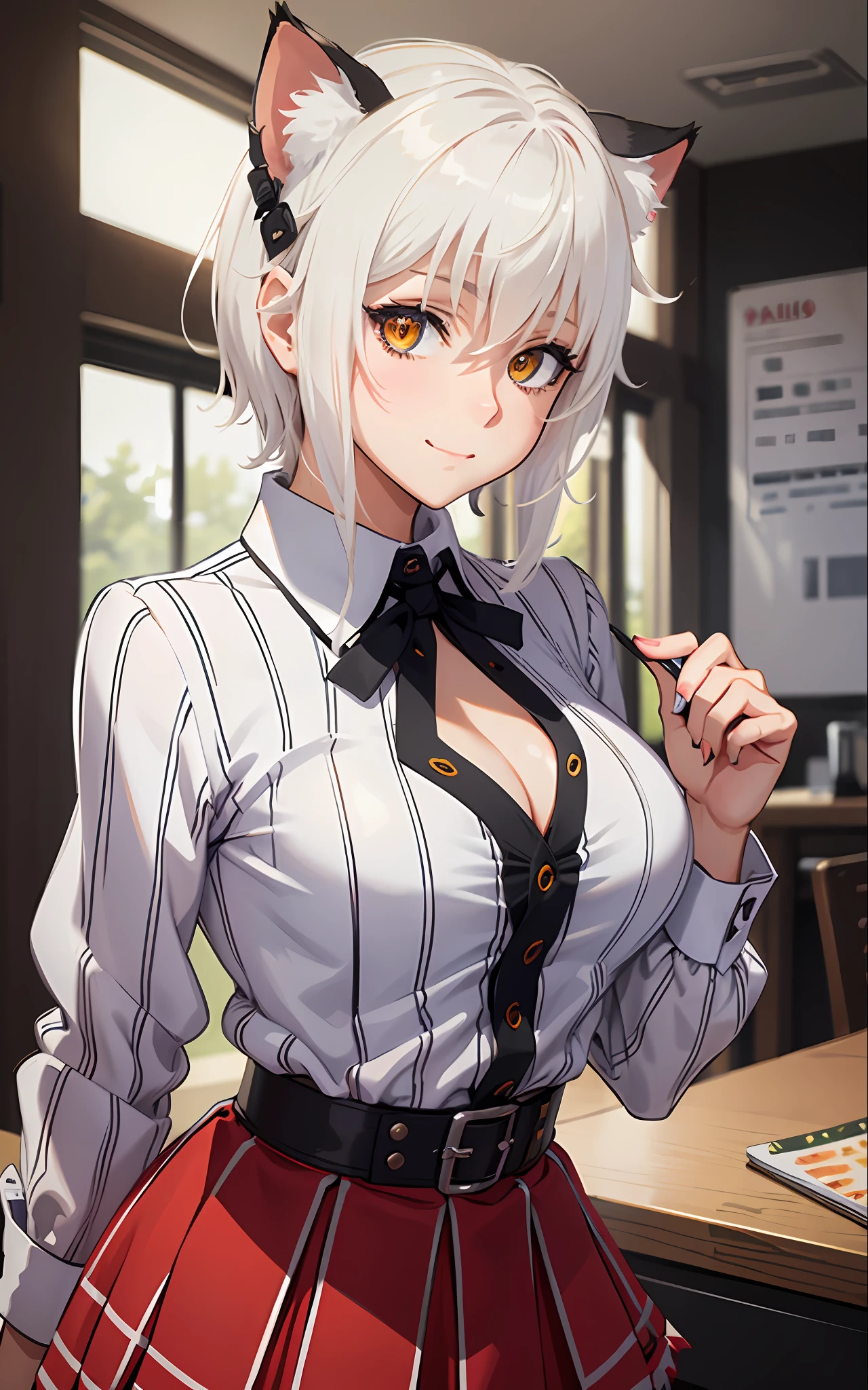 Best Quality, (Masterpiece:1.2), High Detailed, Standing, School, Indoor, Cat Ears, 1girl, solo, tojo koneko, looking at the viewer, closed mouth, light smile, top, yellow eyes, white hair, short hair, hair decoration, , cleavage, striped shirt, unbuttoned shirt, red skirt, black neckband, erotica