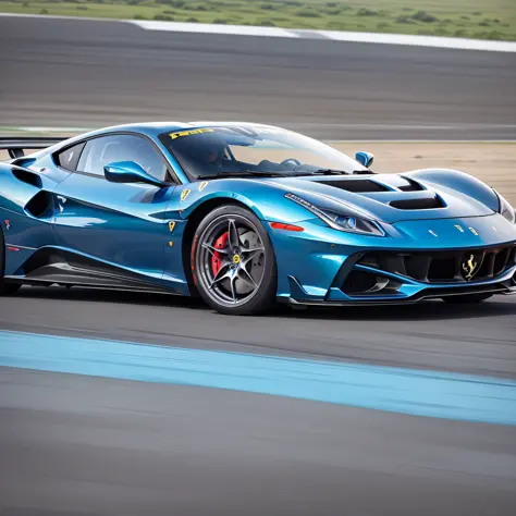 (( car), (sports car), (blue car), (Ferrari: 1.5), (racing car)), (movement: 1.2), (sleekness, aerodynamic design), (dynamic angle), (speed), (blur effect), (silhouette), (cityscape), (highlights), (low saturation) --auto --s2