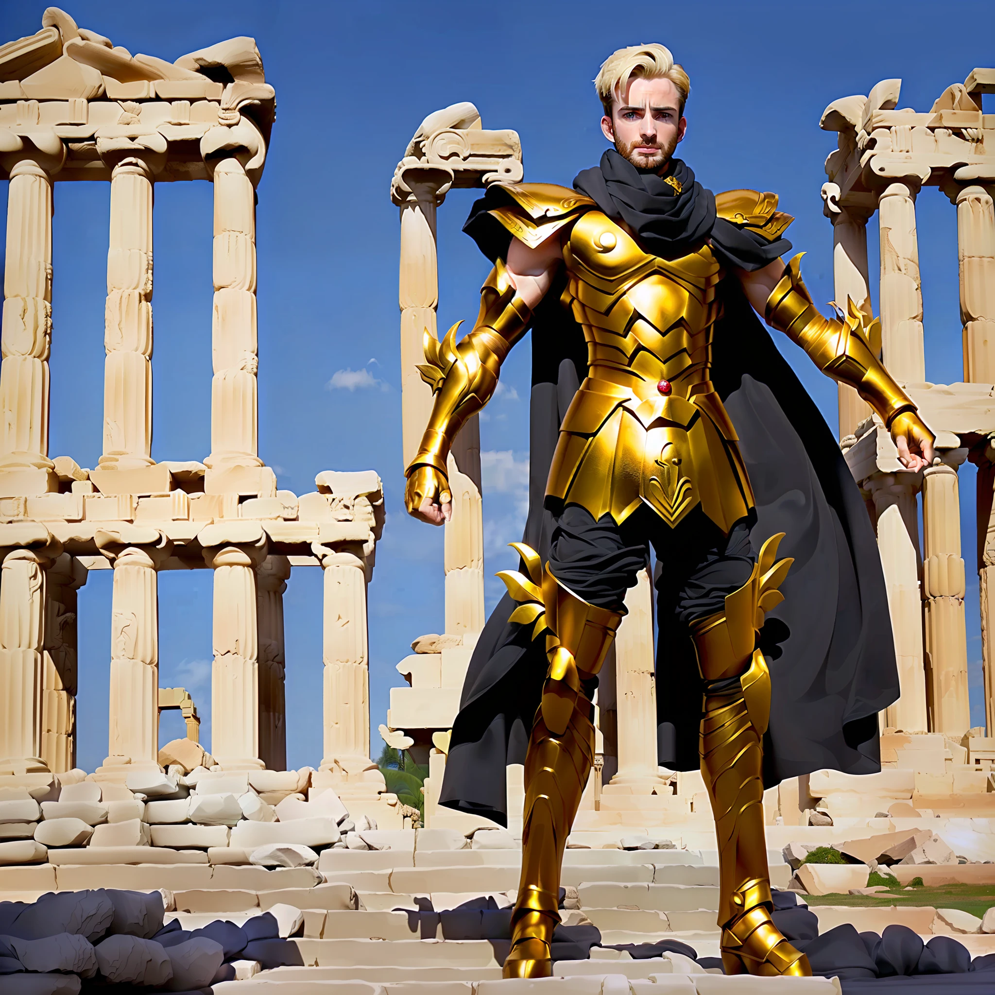 masterpiece, best quality, masterpiece, detailed face, detailed eyes, full body,  Chris Evans wearing golden armor, black scarf, Atlantis  greek temple ruins, fight pose, red atack