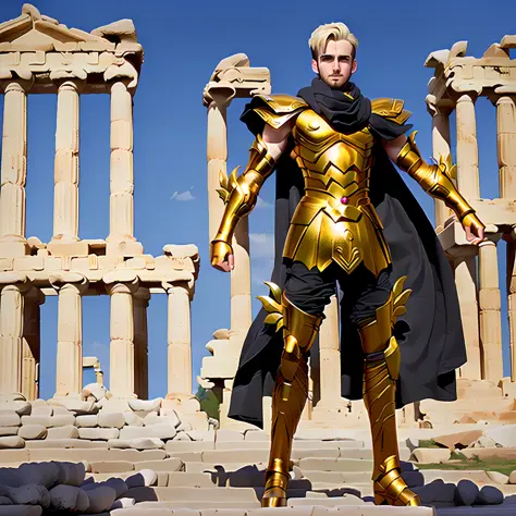 masterpiece, best quality, masterpiece, detailed face, detailed eyes, full body,  Chris Evans wearing golden armor, black scarf, Atlantis  greek temple ruins, fight pose, red atack