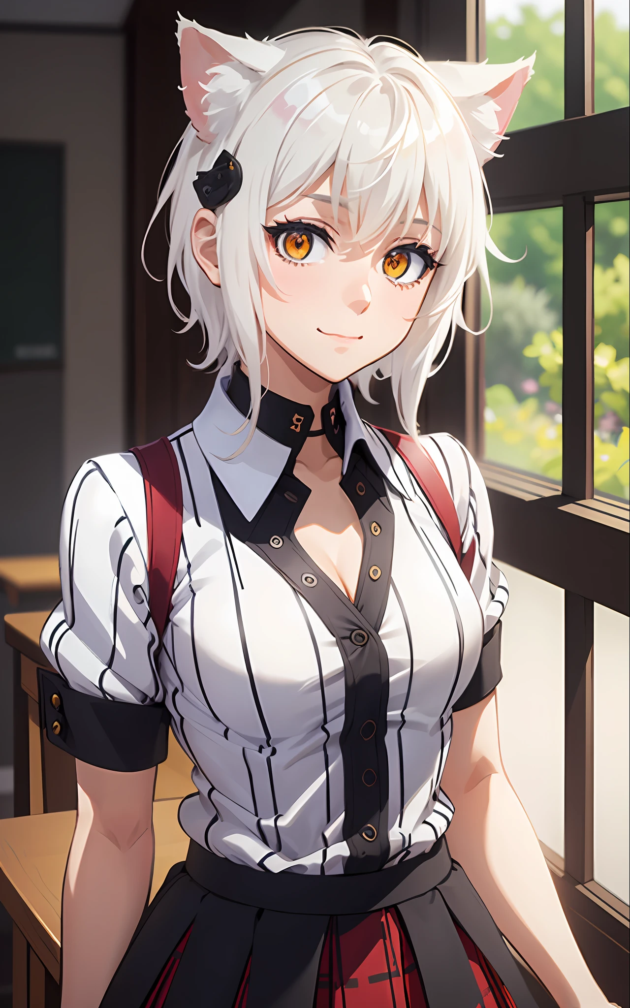 Best Quality, (Masterpiece:1.2), High Detailed, Standing, School, Indoor, Cat Ears, 1girl, solo, tojo koneko, looking at the viewer, closed mouth, light smile, top, yellow eyes, white hair, short hair, hair decoration, school uniform, cleavage, striped shirt, unbuttoned shirt, red skirt, black neckband, erotica