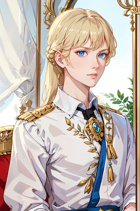 Portrait of young empress, beautiful, napoleon, caesar, villain, blue eyes, long blonde hair, emperor's mantle, empire
