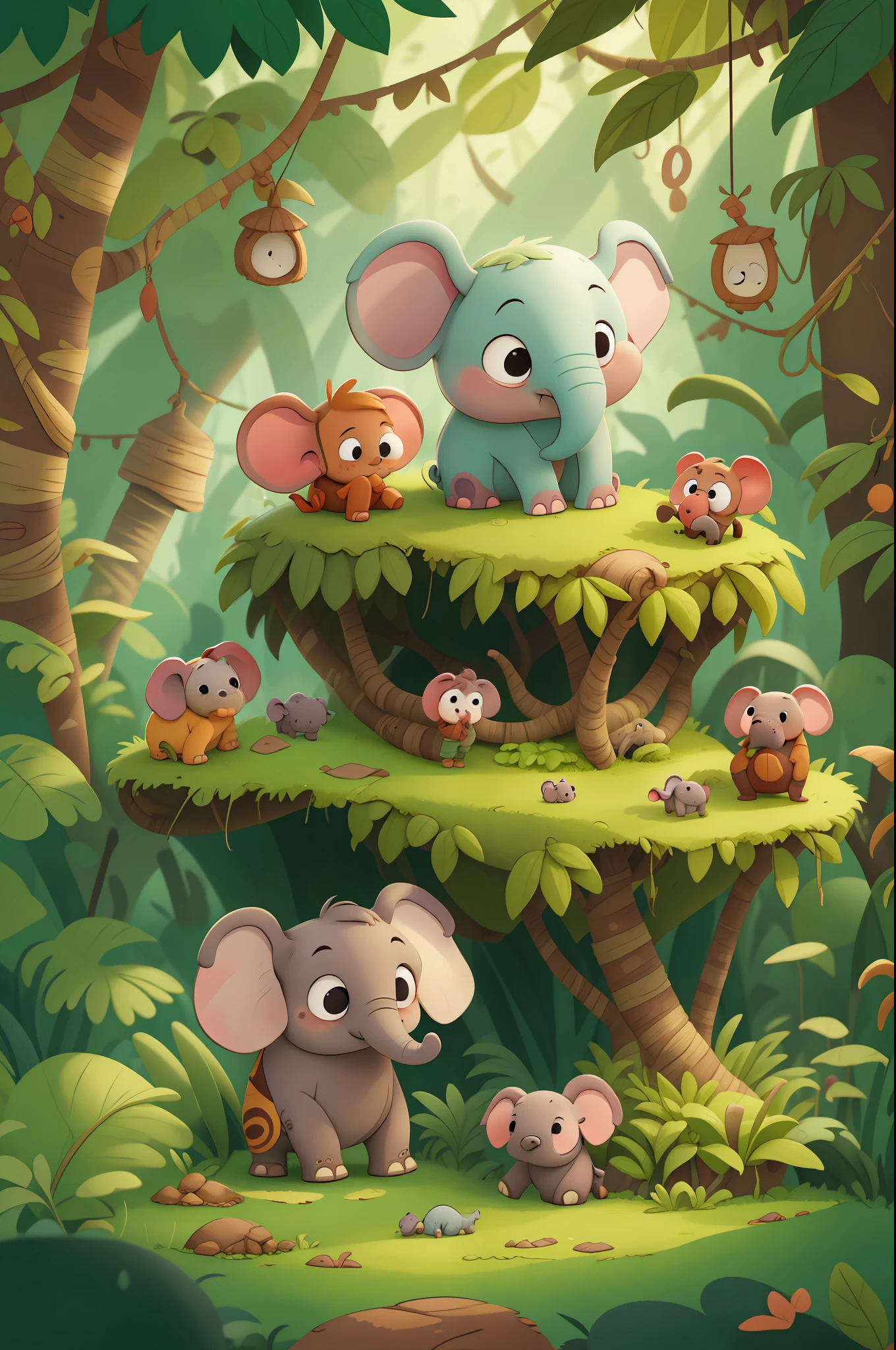 Es war einmal ein kleiner Elefant namens Doug, der mit seiner Familie im Dschungel lebte. Doug war sehr neugierig und liebte es, die Welt um ihn herum zu erkunden. Kinderbuch, im Animationsstil.