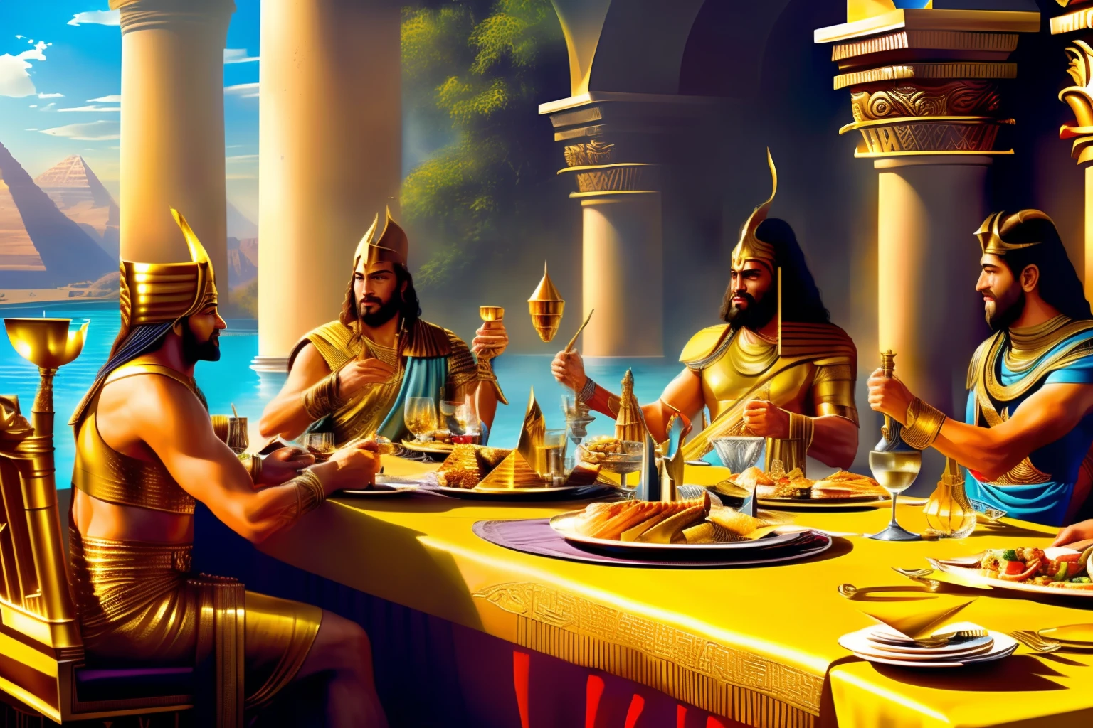 (fun) (ultrarealism) (k UHD) (realistic photo) three Gods of Egypt, Gods of Olympus and Norse mythology sitting at the table having lunch, with various meals, chalices, wines, dances, songs, gold coins, notebook on the table, terrace, pool (realistic)