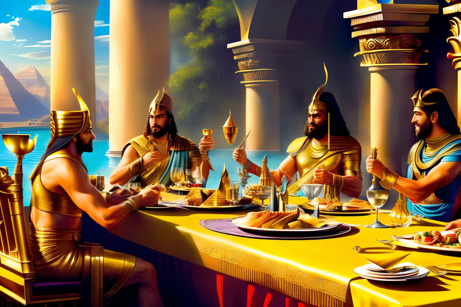 (fun) (Ultrarealismus) (k UHD) (realistisch photo) drei Götter Ägyptens, Götter des Olymp und der nordischen Mythologie sitzen am Tisch beim Mittagessen, mit verschiedenen Gerichten, Kelche, Weine, Tänze, Lieder, Goldmünzen, Notizbuch auf dem Tisch, Terrasse, Schwimmbad (realistisch)