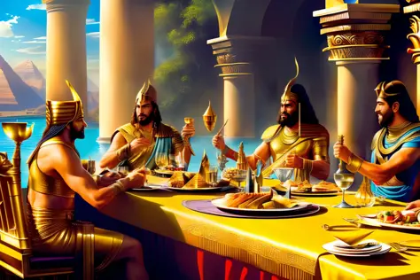 (fun) (ultrarealism) (64k UHD) (realistic photo) three Gods of Egypt, Gods of Olympus and Norse mythology sitting at the table h...