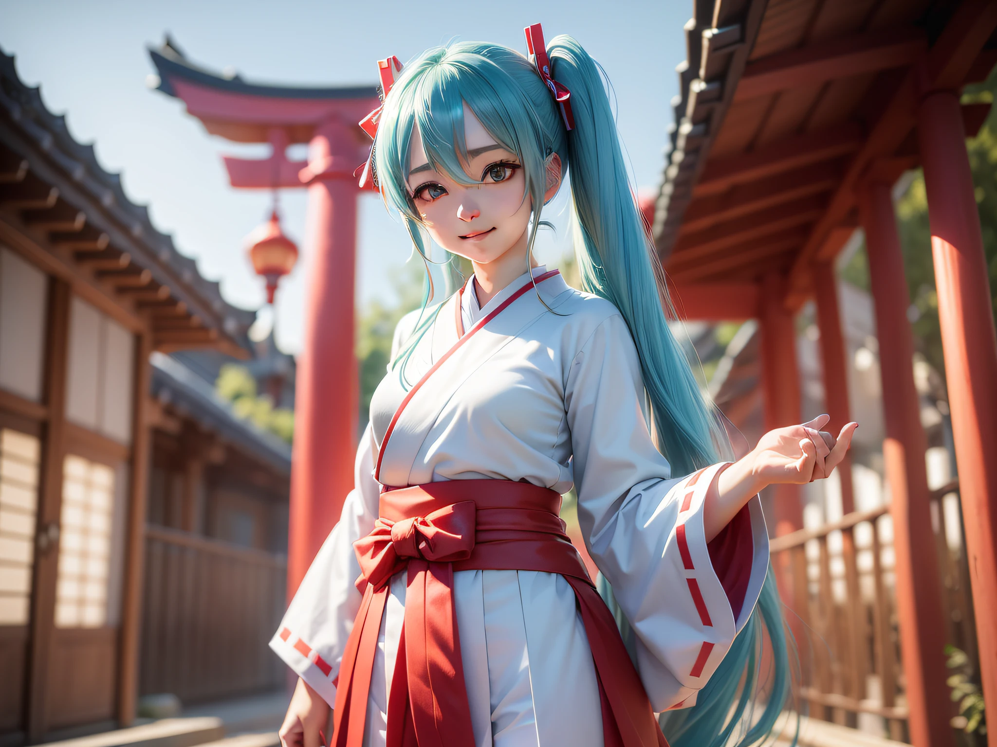 Hatsune Miku, Blue Eyebrows, Blue Hair, Twin Tails, Japan, Shrine, Torii, Miko-san, White Long Sleeves, Red Hakama Skirt, Red Ribbon, Healthy Smile, Cosplay Photography, Gravure Pose, 8K, Ultra Detail Skin, DSLR, Soft Lighting, Film Particles, (Photorealistic: 1.3),