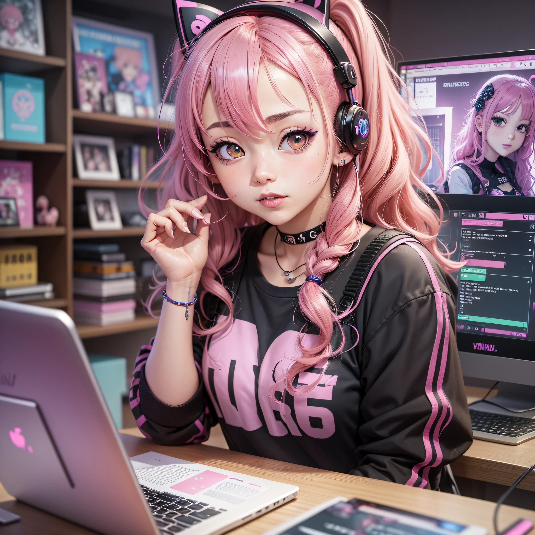 Anime girl with pink hair and headphones sitting in front of a computer -  SeaArt AI