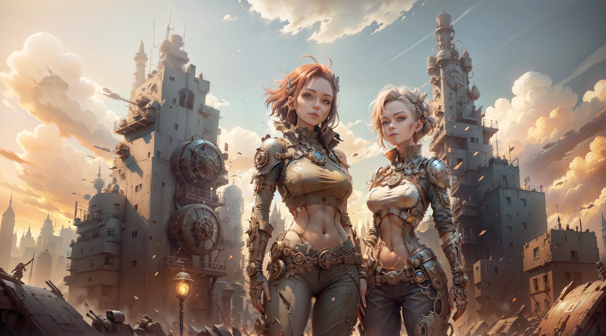 Gray sky, on the battlefield, city ruins in the distance, ruins of buildings, (anatomically correct), (2 different women standing in 1 row), (1 woman smiling at the camera with her hands behind her back), (1 woman with only a back), short hair, (torn clothes: 1.2), (red glowing eyes: 1.2), broken headdress, extremely detailed face, smile, looking up at the camera, (half: 1.2), HDR, dramatic, cinematic lighting, (realism: 1.4), absurd, Surrealism, steampunk, intricate design, exquisite details, the best quality, rich colors,