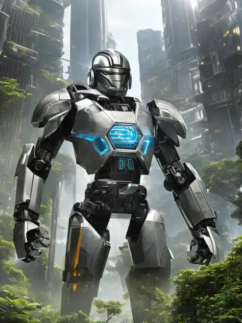 An incredibly detailed depiction of a futuristic humanoid robot, inspired by the Star Wars universe. Its aerodynamic and modern features are accentuated by advanced technological elements and an imposing construction. While he stands out in the midst of th...