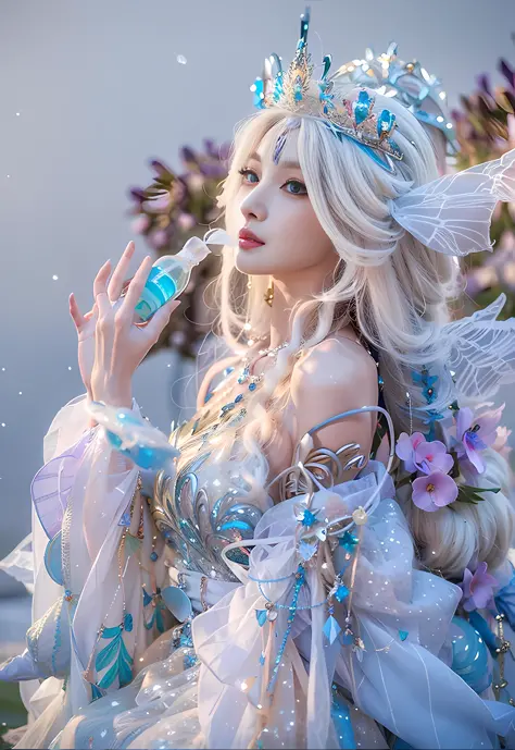 there is a woman dressed in a fairy costume holding a bottle, water fairy, closeup fantasy with water magic, ethereal fantasy, f...