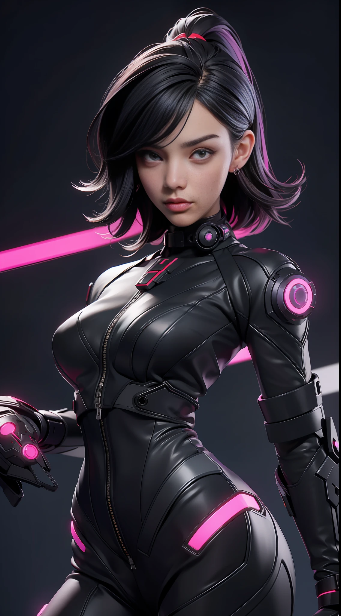 solo, super fine photo, portrait Unreal Engine 5 8K UHD of beautiful and aesthetic girl (girl: 1.3), gorgeous, grey short hair, red and black color scheme tight cybernetic latex catsuit, cyberpunk biker girl, cyberpunk full face mask, earrings, cybernetic long heel, cybernetic long glove, futuristic design, purple neon lights details, beautiful make up, best quality, masterpiece, official art, unified 8k wallpaper, super detailed, sharp focus, dynamic pose, body parts