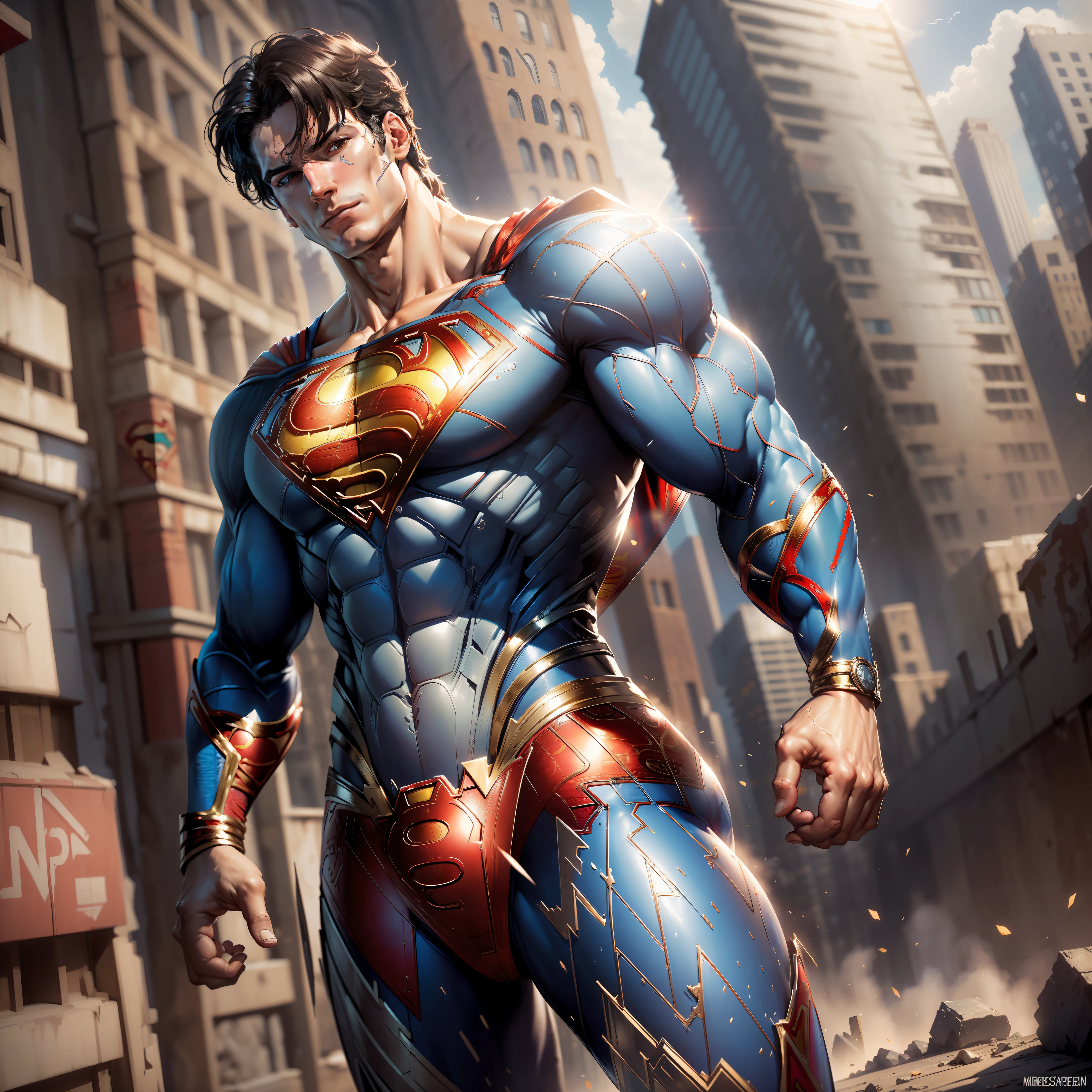 (Masterpiece, Superb Quality, Super Detailed, High Resolution), Male Focus, ((Superman), ((Muscular Man))), ((Muscle Detail))), (Superman Suit), (Clothing Detail), Pose for Photo, City Ruins, Background Detail, (((Full Body)), (((Superman Sense of Greatness))
