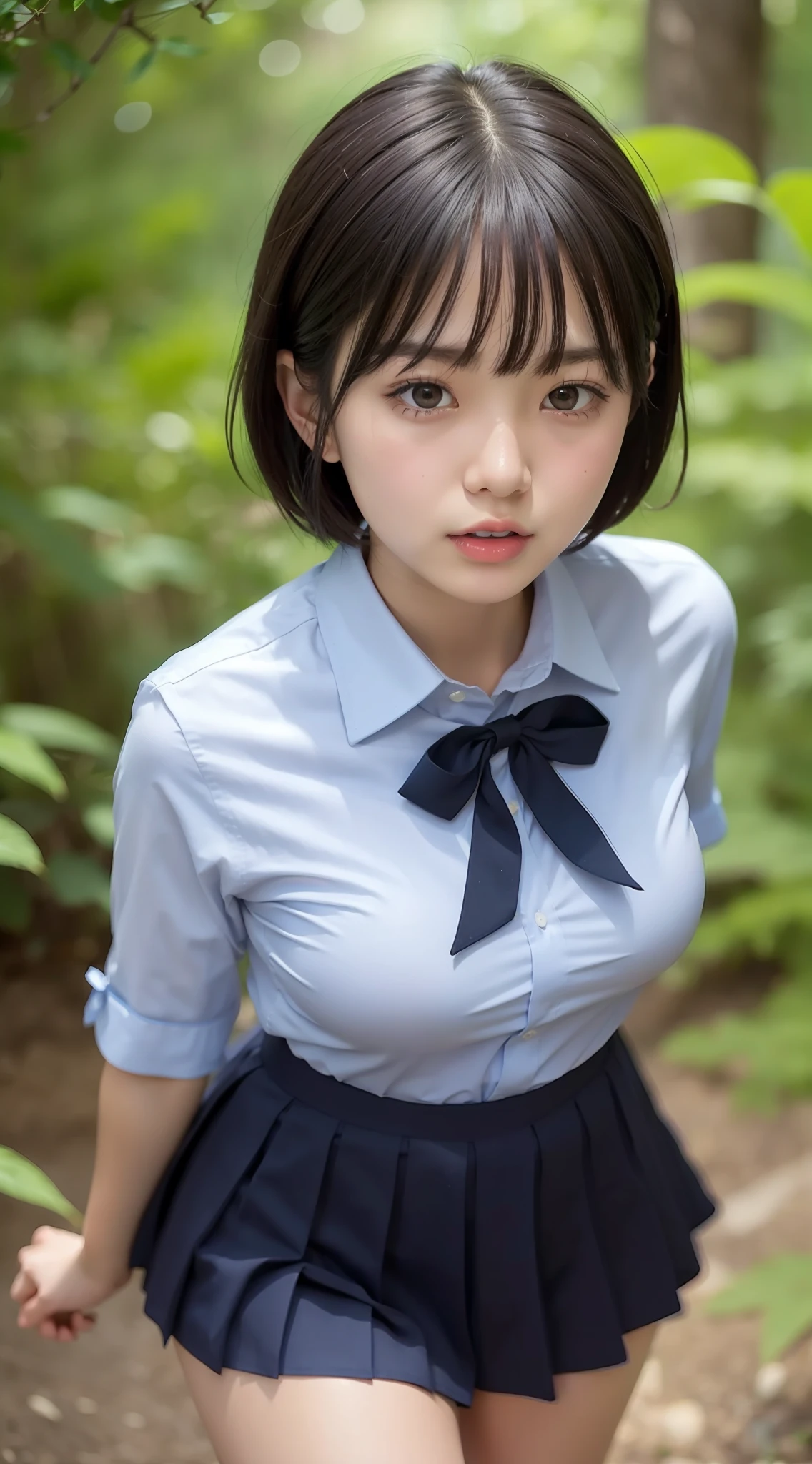 Japan girl, 18-year-old girl, short hair, black hair, bangs, brown eyes, perfect figure, transparency, luster, luster, modest breasts, school uniform, navy blue ribbon, navy blue skirt, light blue shirt, hide breasts with both hands, light pleasure, glowing body, gravure idol, mountain forest, open legs, open crotch, beautiful legs, front, looking from above, reluctance, frightened, clothes breaking, scared,