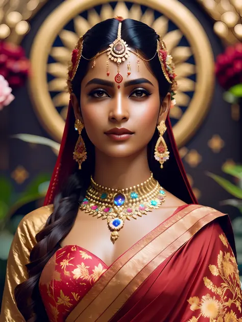 fking_scifi, fking_scifi_v2, Hindu goddess portrait, universe background with colorful flowers, wearing red sari, close-up, roya...