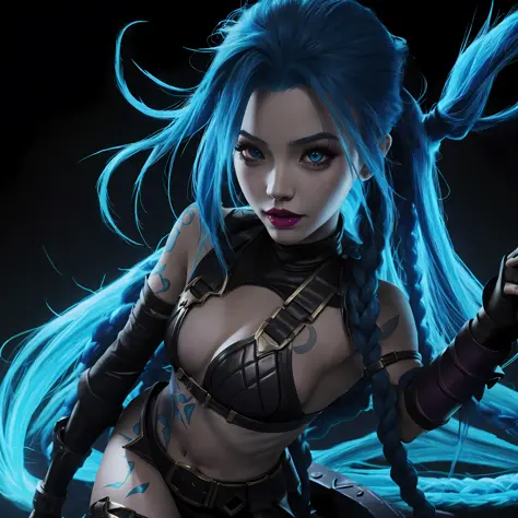 Jinx from League of Legends Close up combat position, matte black background, 4K, ultra detailed, 100% faithful to character
