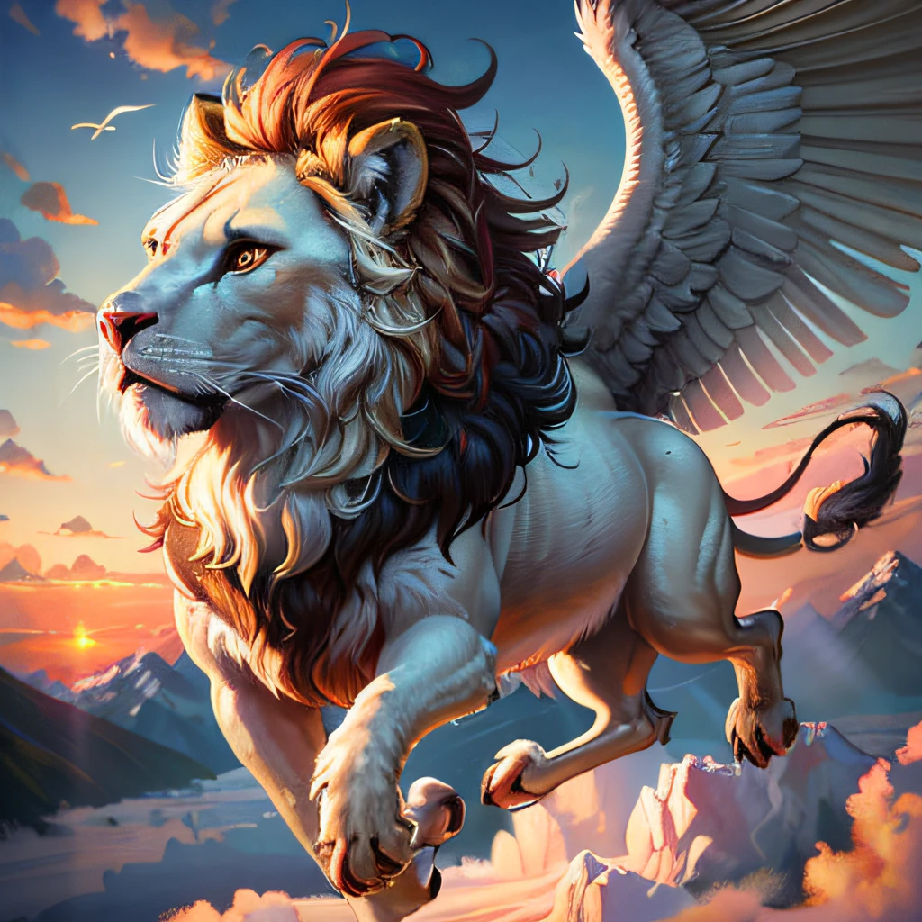 arafed image of a lion with wings flying through the sky, flying mythical beasts, mythical creature, gryphon, realistic fantasy illustration, highly detailed digital artwork, best on adobe stock, by Howard Lyon, mythical creatures, highly detailed digital art, a mythical creature, high detailed official artwork, digital painting highly detailed, 4k highly detailed digital art, pegasus