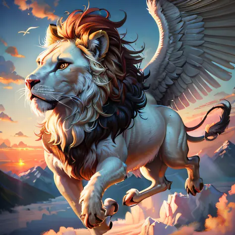 arafed image of a lion with wings flying through the sky, flying mythical beasts, mythical creature, gryphon, realistic fantasy ...