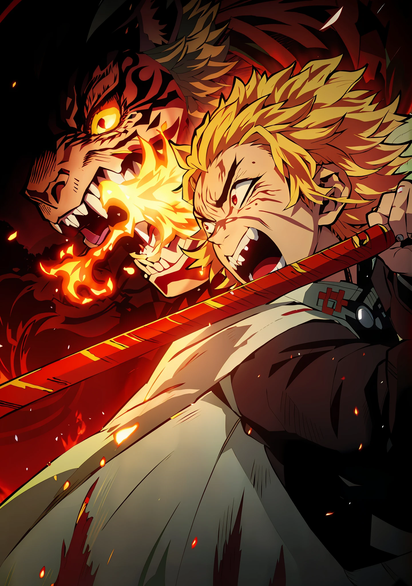 rengoku kyojuro, demon slayer artstyle, badass anime 8 k, kimetsu no yaiba, anime key art, demon slayer rui fanart, demon slayer, official art, cute guy in demon slayer art, blazing infero, key art, main anime visuals, anime key art, anime key visual", key visual, (fire)