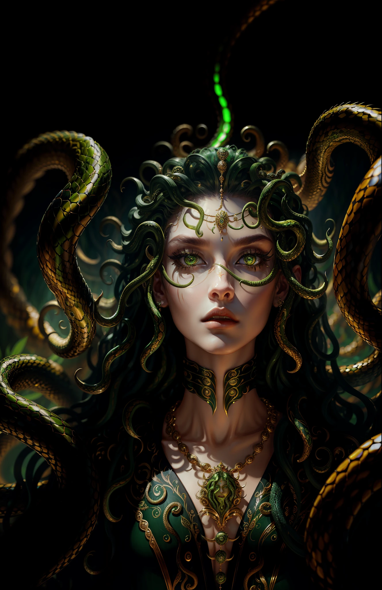 ((best quality)), ((masterpiece)), ((realistic)), Medusa, full body, the hair is composed of countless small snakes, green eyes, female face, metal carved top, royal aura, trend on artstation , sharp focus, studio photo, intricate detail, very detailed, detailed eye, illustration, very detailed, sharp focus, digital render, professional, 4k