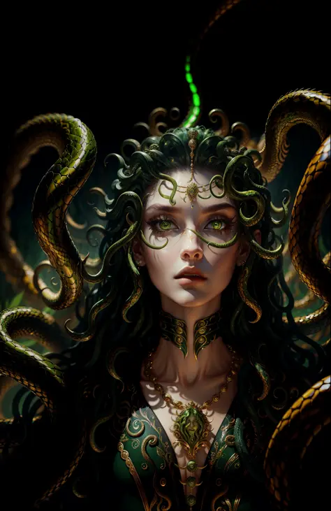 ((best quality)), ((masterpiece)), ((realistic)), Medusa, full body, the hair is composed of countless small snakes, green eyes,...