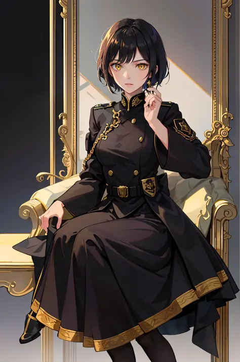 Portrait of a beautiful young woman, villain, yellow eyes, militarism, black short hair, square, black general's uniform, empire