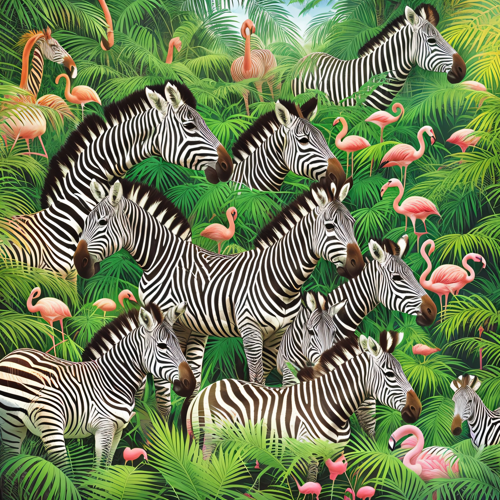 Зебраs and flamingos in a tropical jungle with palm trees, подробные  красивые животные, Иллюстрация дикой природы, красивая детализированная  иллюстрация, В тропическом лесу - SeaArt AI