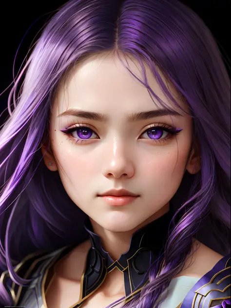 raiden shougn, oil painting by leonardo da vinci, realistic photography, closeup face with purple hair, her eyes are sweet and v...