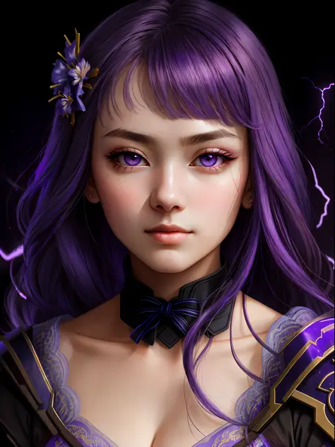 Raiden Shougn, oil painting by Leonardo da Vinci, realistic photography, closeup face with purple hair, her eyes are sweet and v...