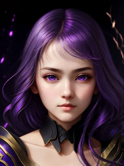 raiden shougn, oil painting by leonardo da vinci, realistic photography, closeup face with purple hair, her eyes are sweet and v...