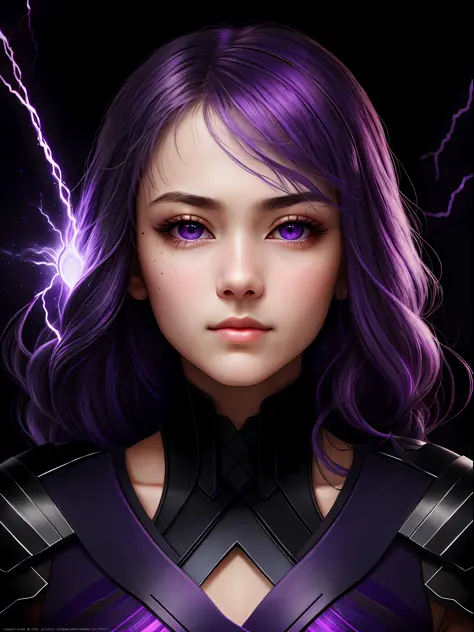 Raiden Shougn, oil painting by Leonardo da Vinci, realistic photography, closeup face with purple hair, her eyes are sweet and v...
