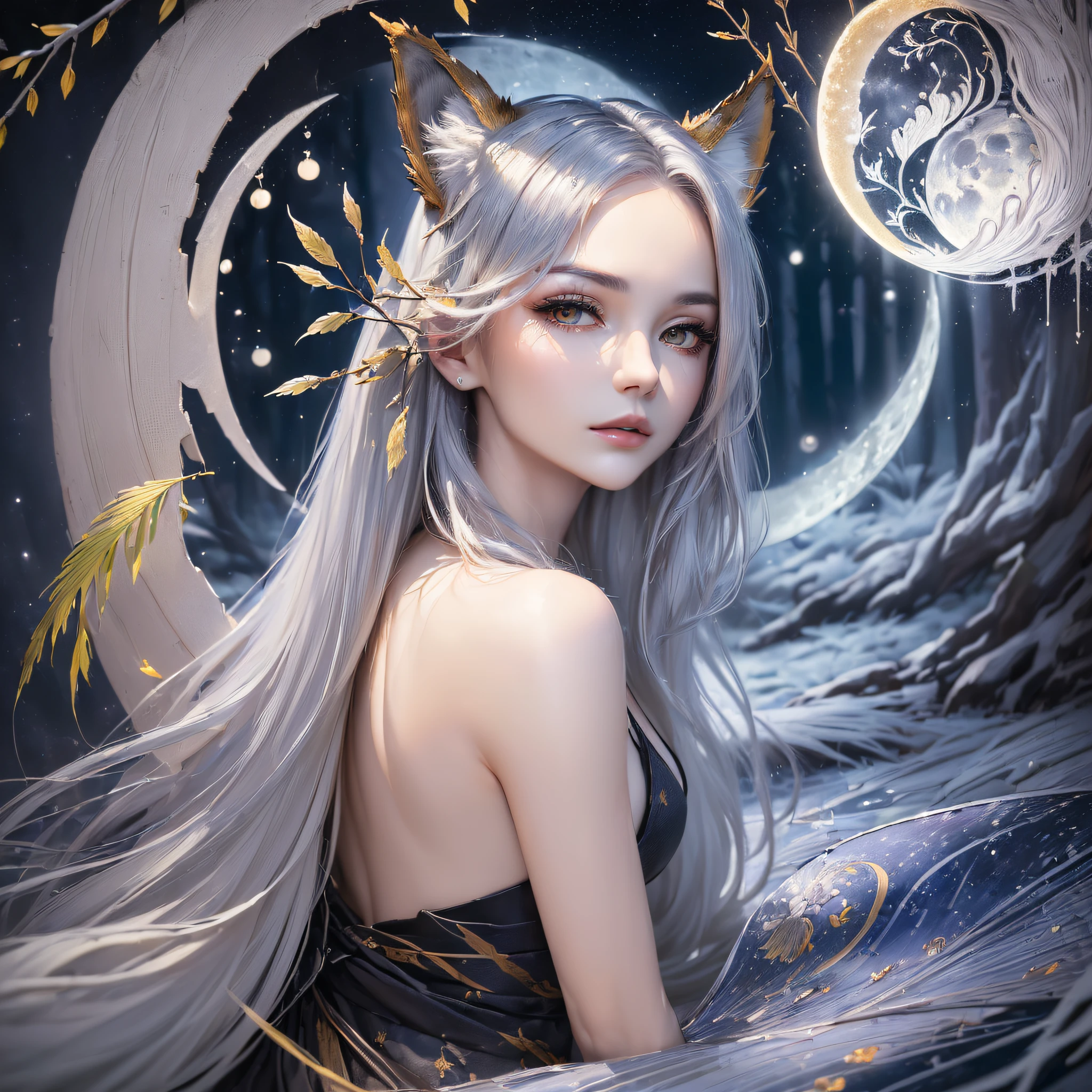 (((((Best quality, masterpiece))), Style: Ink style, Poetic), (Nine-tailed fox, silver hair, bright eyes, glimpse), (Night coming, moonlight pouring, moon hanging, pine branches, wild grass), the picture contains deep soul, showing mysterious poetry and moving beauty. ) --auto --s2