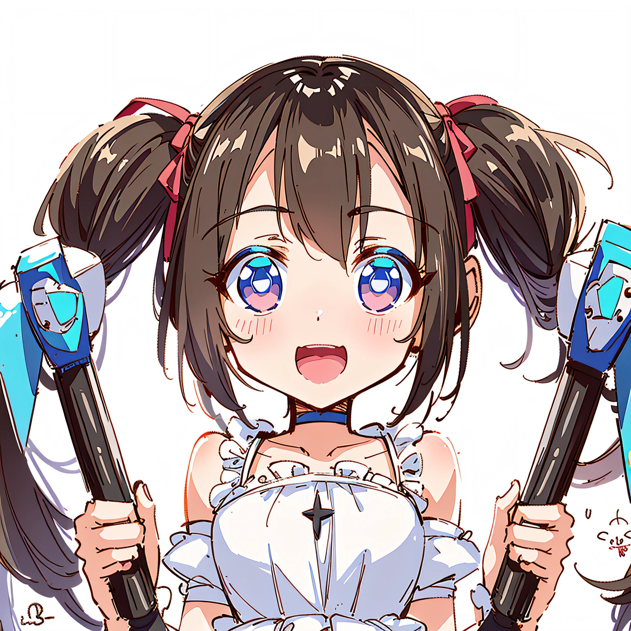 Anime girl with two big diamond crane beaks and diamond axes in her hands, anime moe art style, splash art anime loli, cute girl anime visuals, cute anime girl, little loli girl, little curve loli, digital anime art!, fleet collection style, [4K digital art]!, pixiv contest winner, cute anime, Twin Tails, Impersonation Face