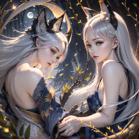 (((((best quality, masterpiece))), style: ink style, poetic), (nine-tailed fox, silver hair, bright eyes, glimpse), (night comin...