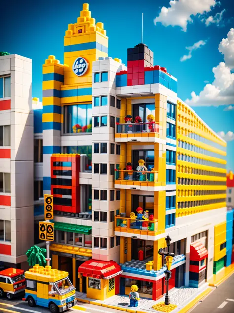 Lego bricks, vivid colors, pop impressions, central building of LEGO City, Lego figures, clear sky, happiness, bright sunlight, bright colors, cheerful atmosphere, shapes, connections, colorful colors, freedom, memories, dream world.