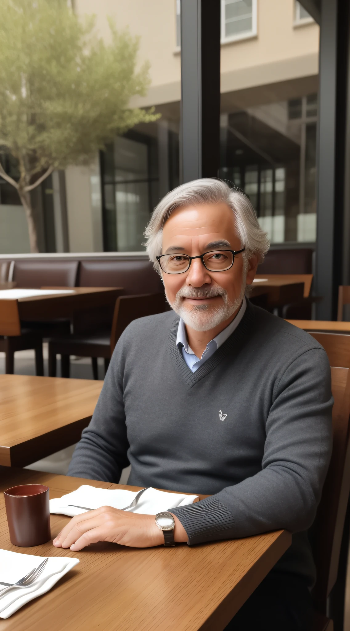 Draw me, a professor, sitting in a fancy restaurant, in my mid-50s, happy face, gray hair, afternoon sunshine, background clipping, clarity, portraits