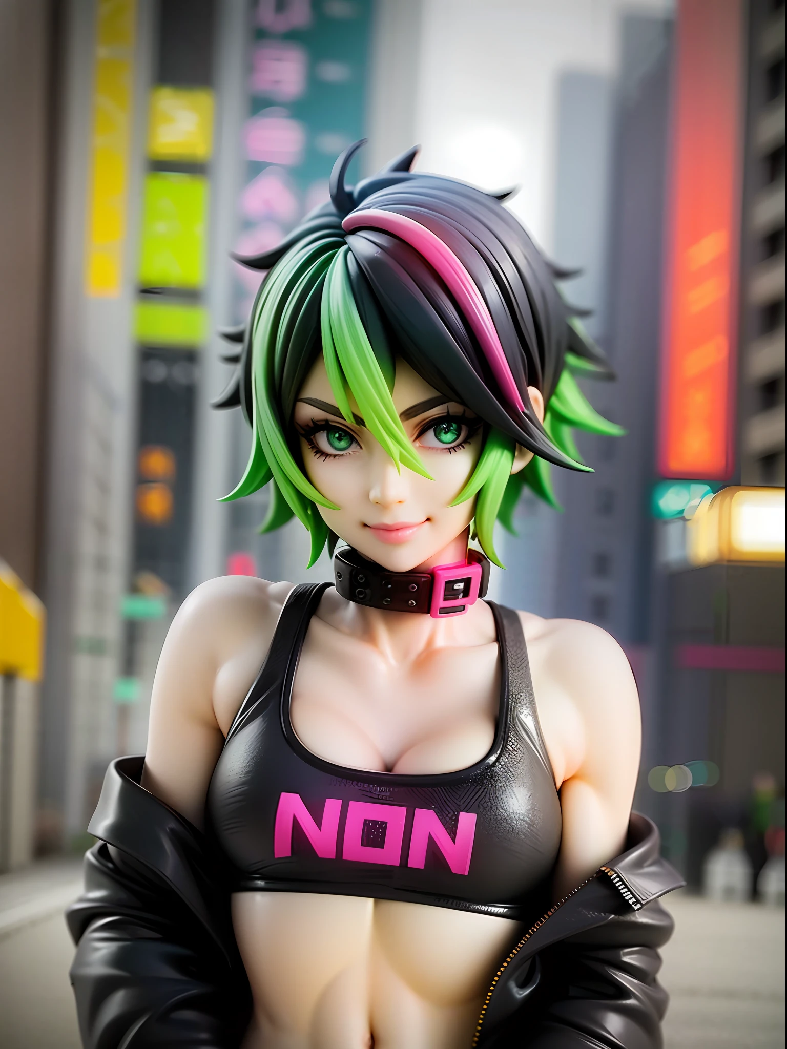 Neon pink, neon green, urban, cool, beautiful neon green eyes, closed mouth, smile, stylish modern clothing with neon pink and green accents, short cut black hair, standing pose with one hand on hip, city night background with neon lights